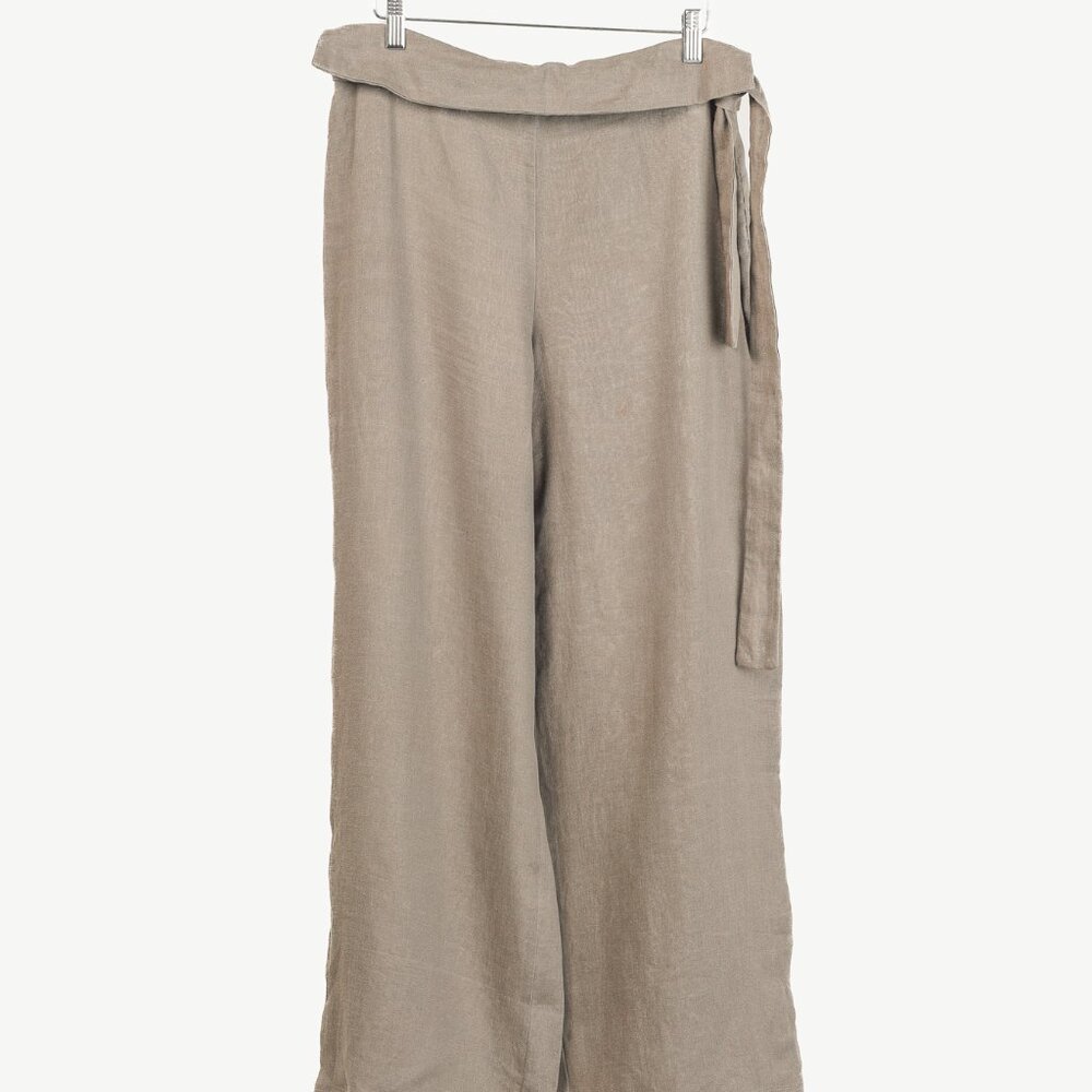 Sarah Pacini Taupe Linen Waist-Tie Wide-Leg Pants